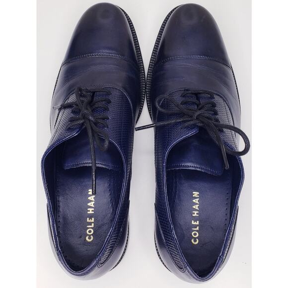 COLE HAAN Cap Toe Oxford Leather Dress Shoes Navy Basket Weave Men's Size 9M - Picture 3 of 16